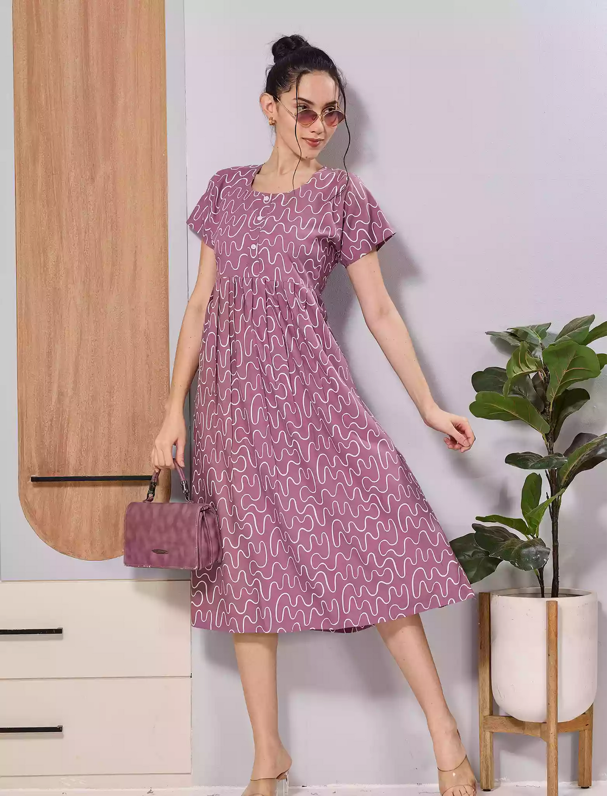 Royal Blue Soft Rayon Abstract Print Zipless Maxi Frock with Side Pocket - Mangai Nighties