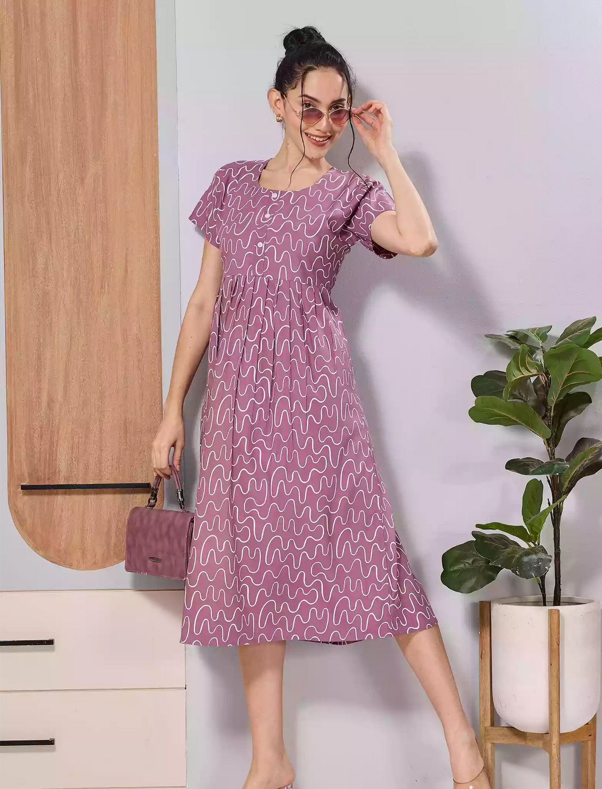 Royal Blue Soft Rayon Abstract Print Zipless Maxi Frock with Side Pocket - Mangai Nighties