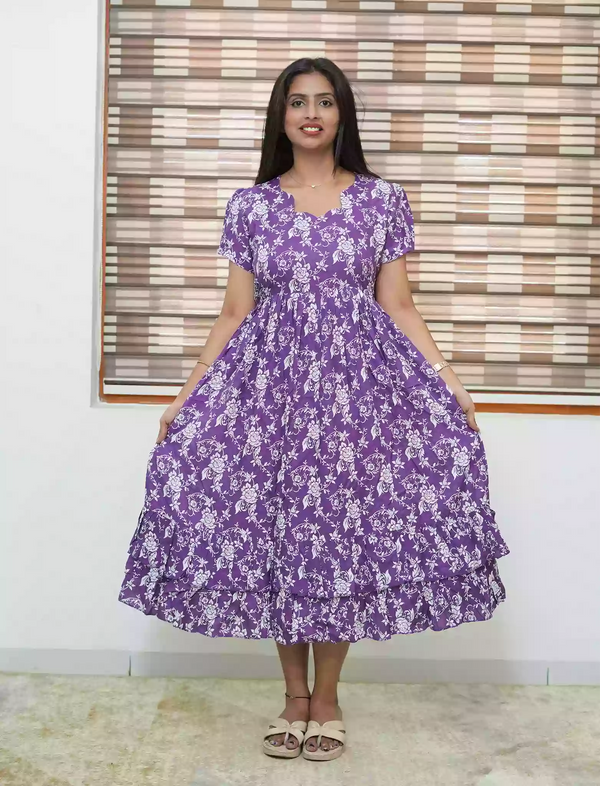 Purple Geometric Print Rayon Maxi Frock with Frill Bottom & Back Tie Rope | Mangai Nighties