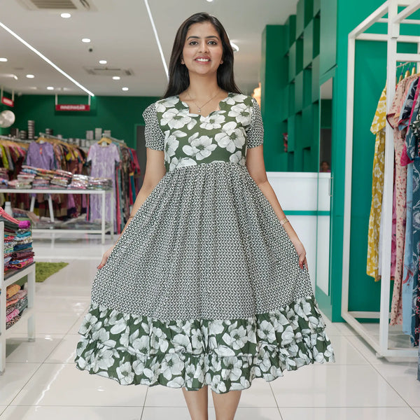 Olive green rayon maxi frock frilled bottom - Mangai Nighties 