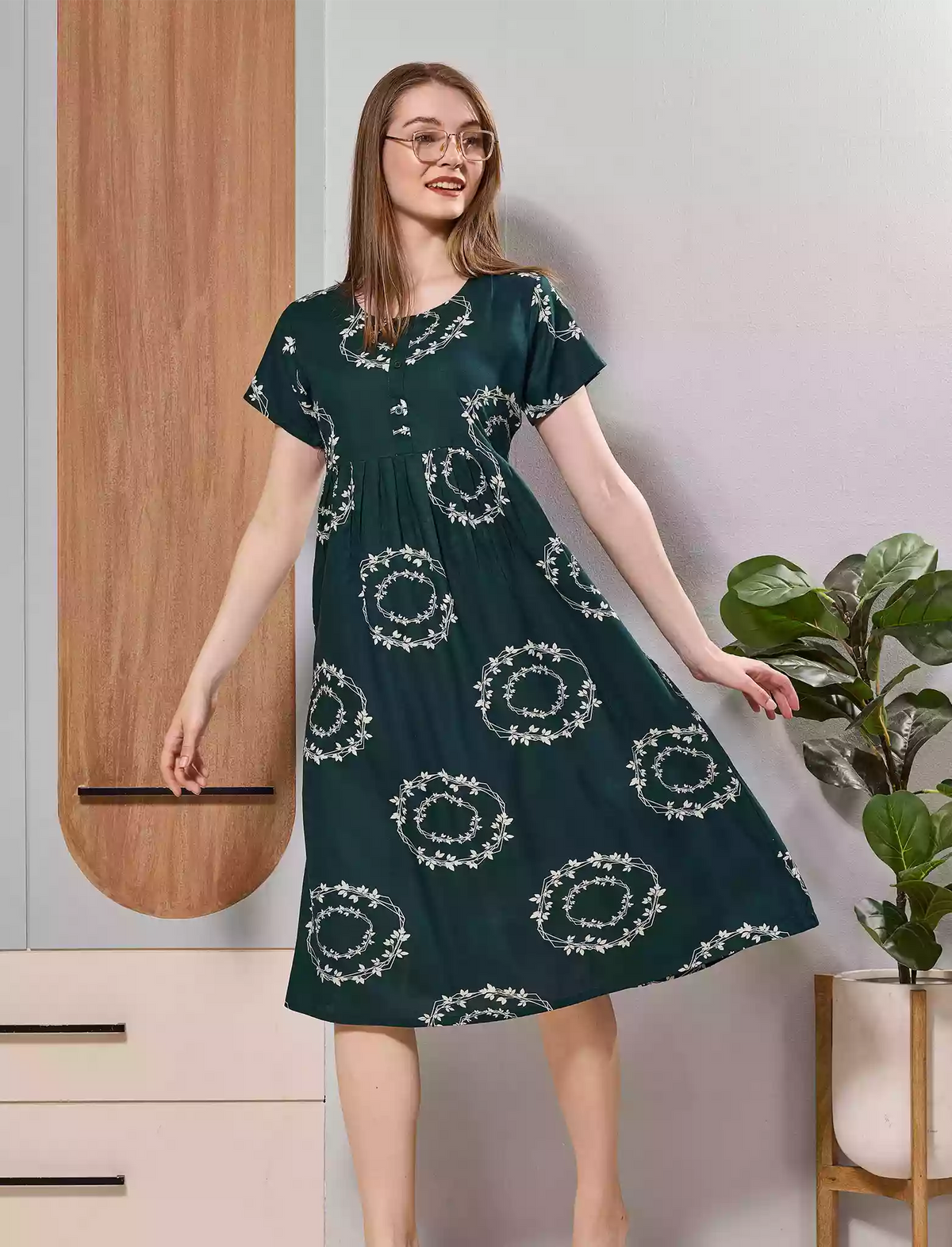 Dark Green Soft Rayon Floral Ring Print Zipless Button-Closed Maxi Frock - Mangai Nighties