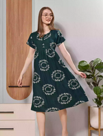 Dark Green Soft Rayon Floral Ring Print Zipless Button-Closed Maxi Frock - Mangai Nighties