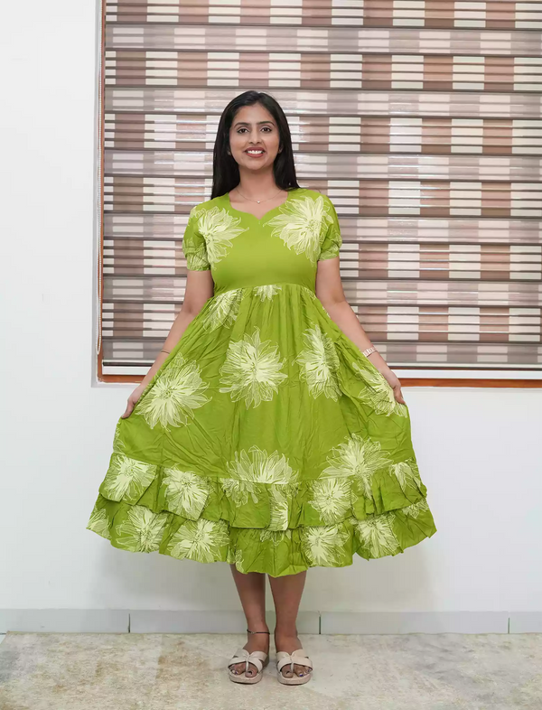 Lime Green Floral Rayon Frill Maxi Frock with Back Tie - Mangai Nighties
