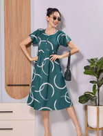 Teal Green White Circle Print Soft Rayon Zipless Maxi Frock with Side Pocket - Mangai Nighties