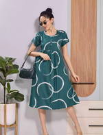 Teal Green White Circle Print Soft Rayon Zipless Maxi Frock with Side Pocket - Mangai Nighties