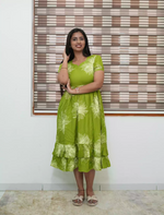 Lime Green Floral Rayon Frill Maxi Frock with Back Tie - Mangai Nighties