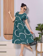 Teal Green White Circle Print Soft Rayon Zipless Maxi Frock with Side Pocket - Mangai Nighties