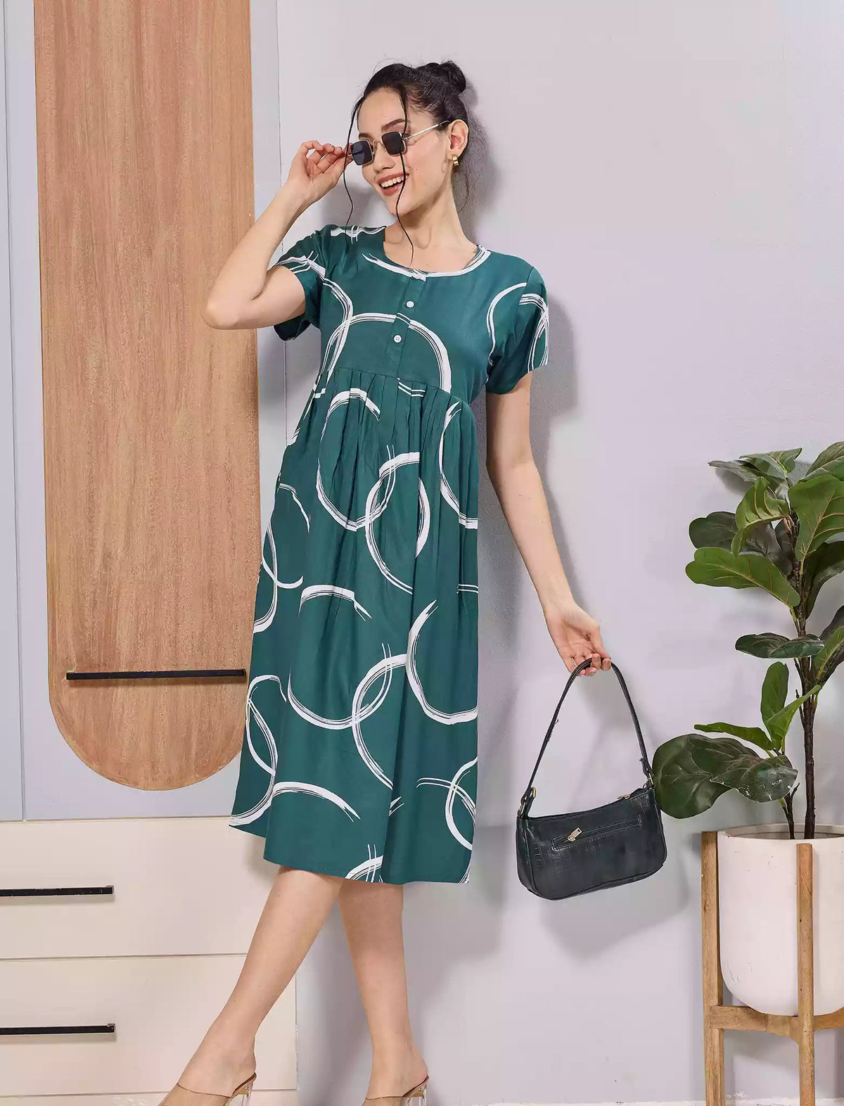 Teal Green White Circle Print Soft Rayon Zipless Maxi Frock with Side Pocket - Mangai Nighties