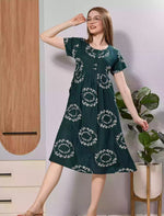 Dark Green Soft Rayon Floral Ring Print Zipless Button-Closed Maxi Frock - Mangai Nighties