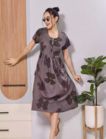 Coffee Brown Soft Rayon Floral Print Zipless Maxi Frock with Side Pocket - Mangai Nighties