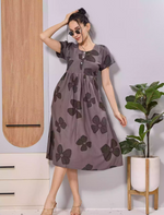 Coffee Brown Soft Rayon Floral Print Zipless Maxi Frock with Side Pocket - Mangai Nighties