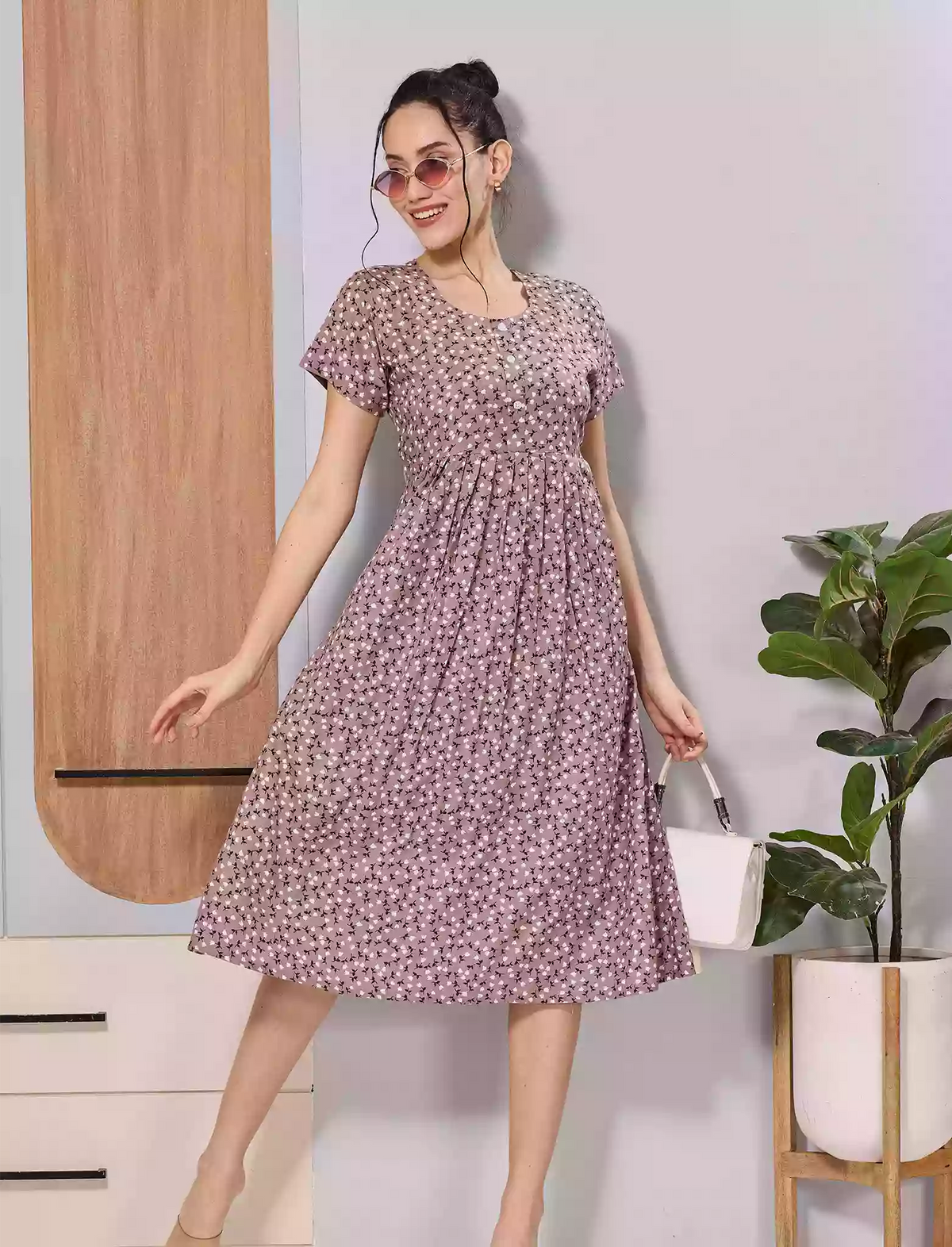 Lavender Tiny Floral Print Soft Rayon Casual Front Button Maxi Dress - Mangai Nighties