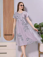 Taupe Grey Floral Print Soft Rayon Long Maxi Frock with Side Pocket - Mangai Nighties