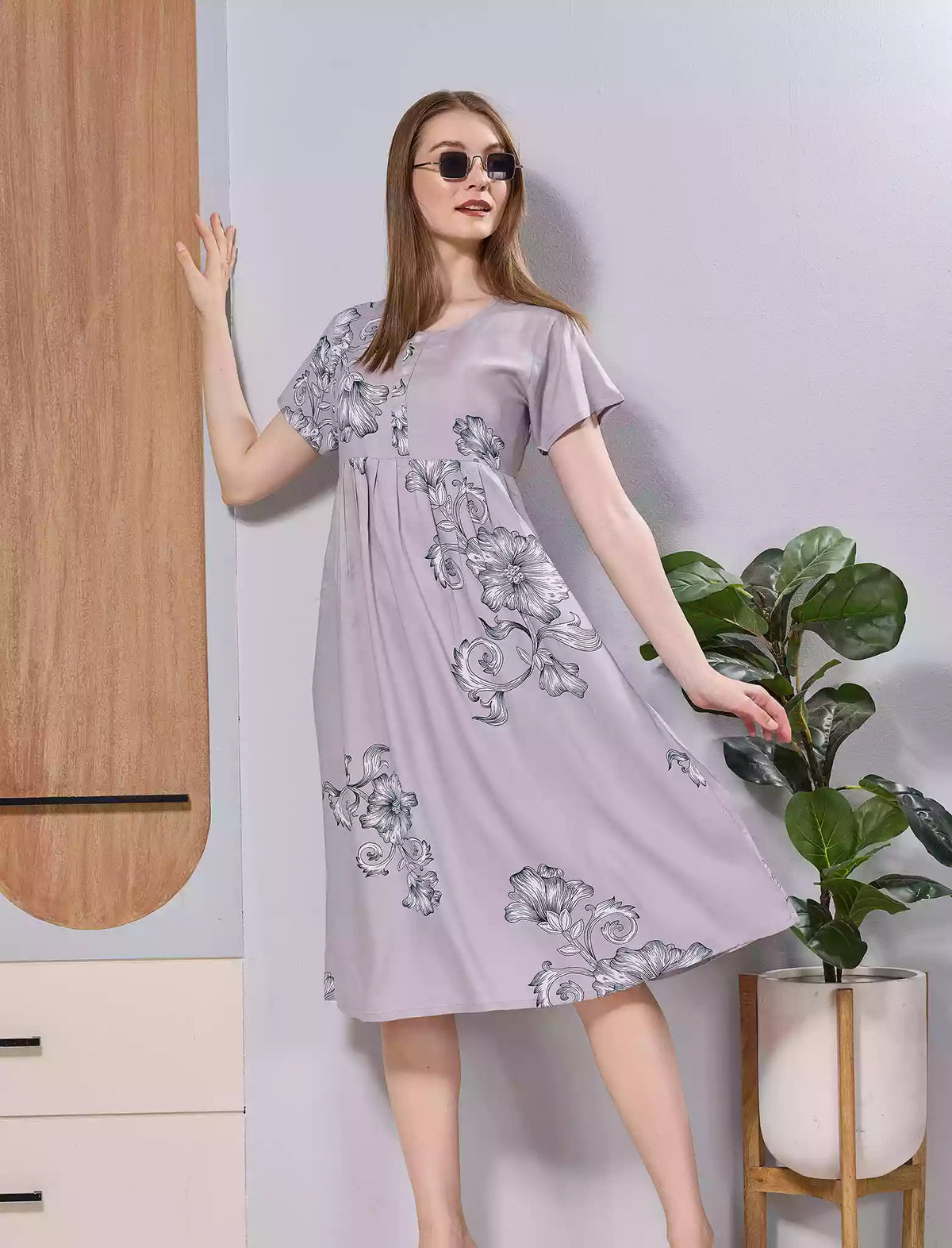 Taupe Grey Floral Print Soft Rayon Long Maxi Frock with Side Pocket - Mangai Nighties