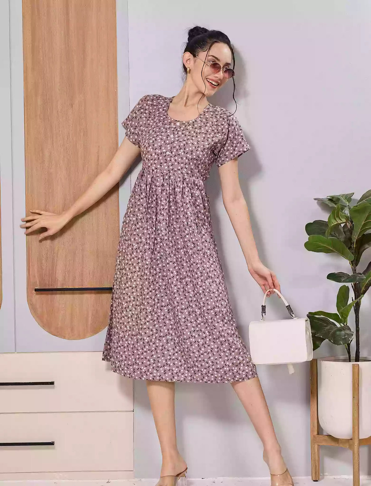Lavender Tiny Floral Print Soft Rayon Casual Front Button Maxi Dress - Mangai Nighties
