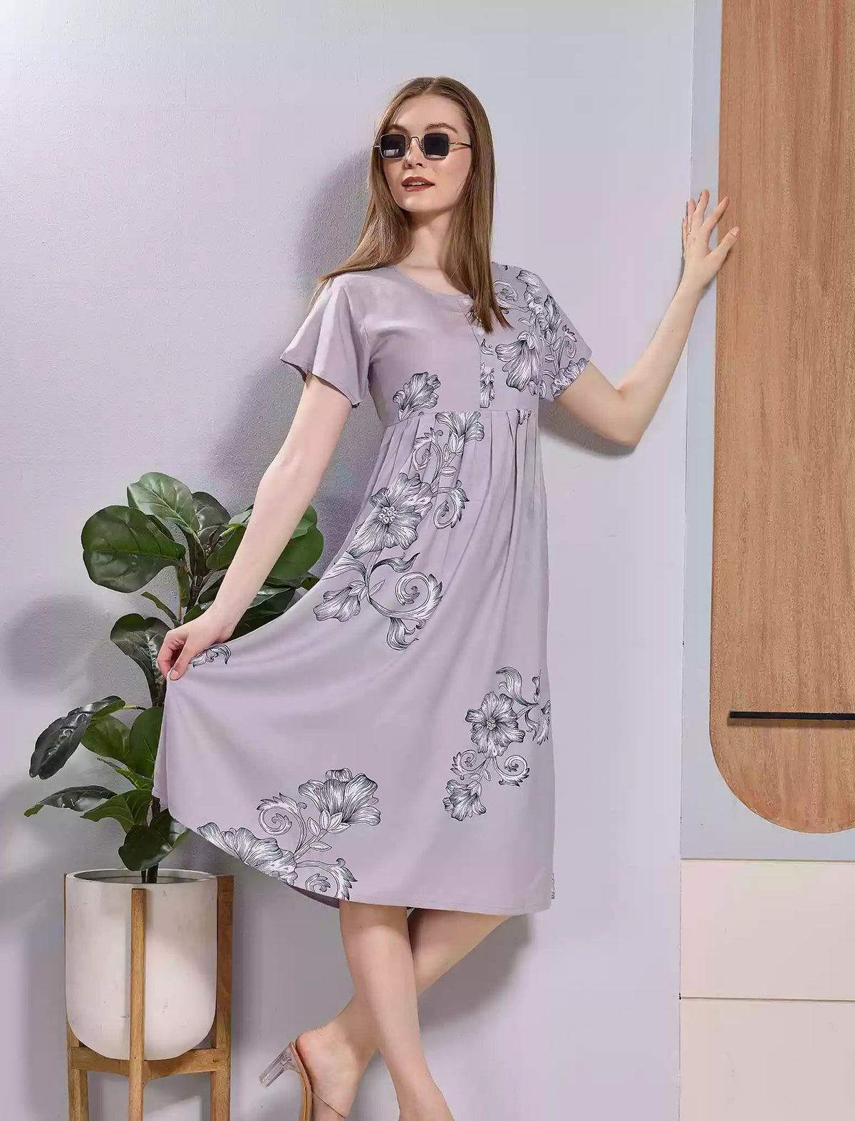 Taupe Grey Floral Print Soft Rayon Long Maxi Frock with Side Pocket - Mangai Nighties