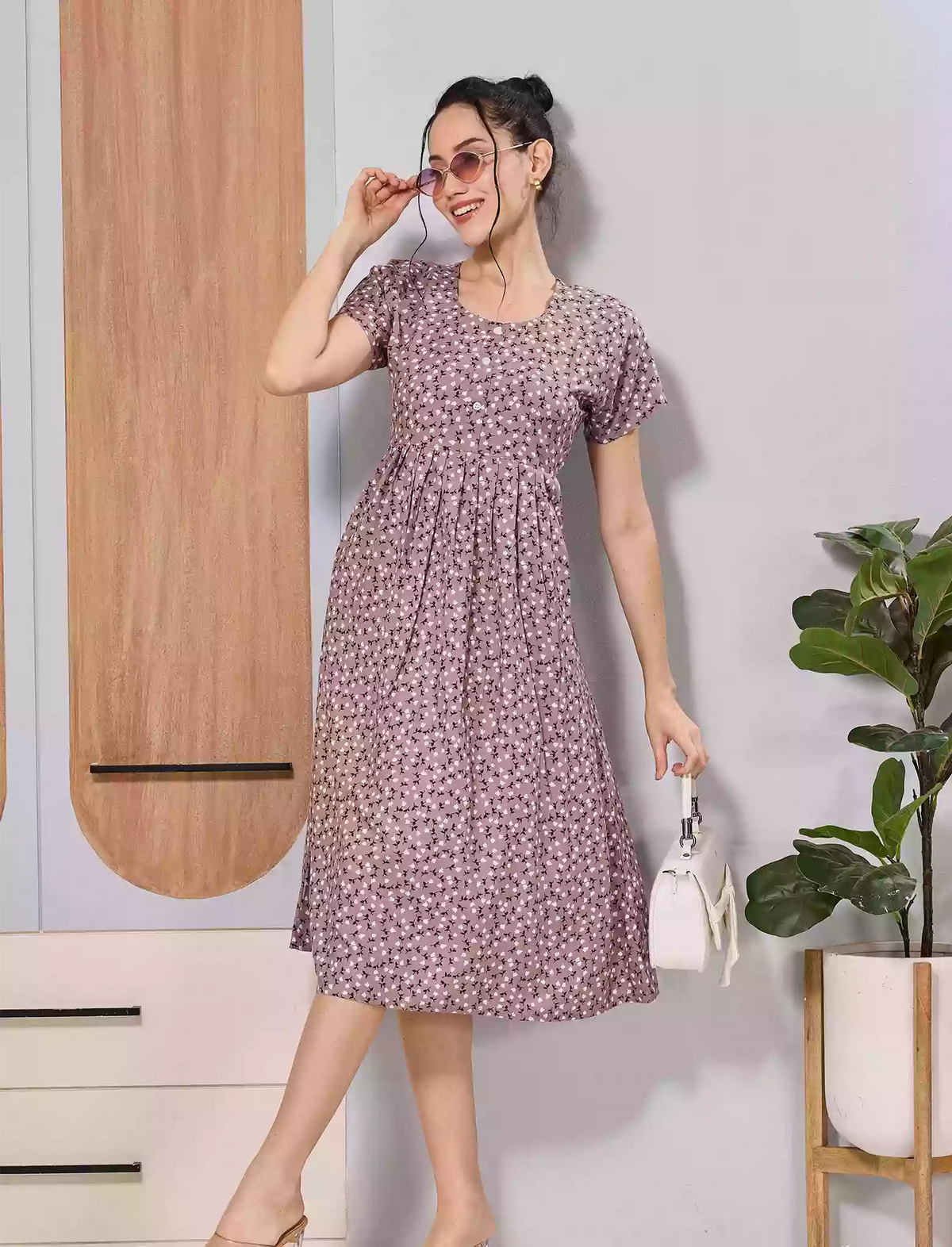 Lavender Tiny Floral Print Soft Rayon Casual Front Button Maxi Dress - Mangai Nighties