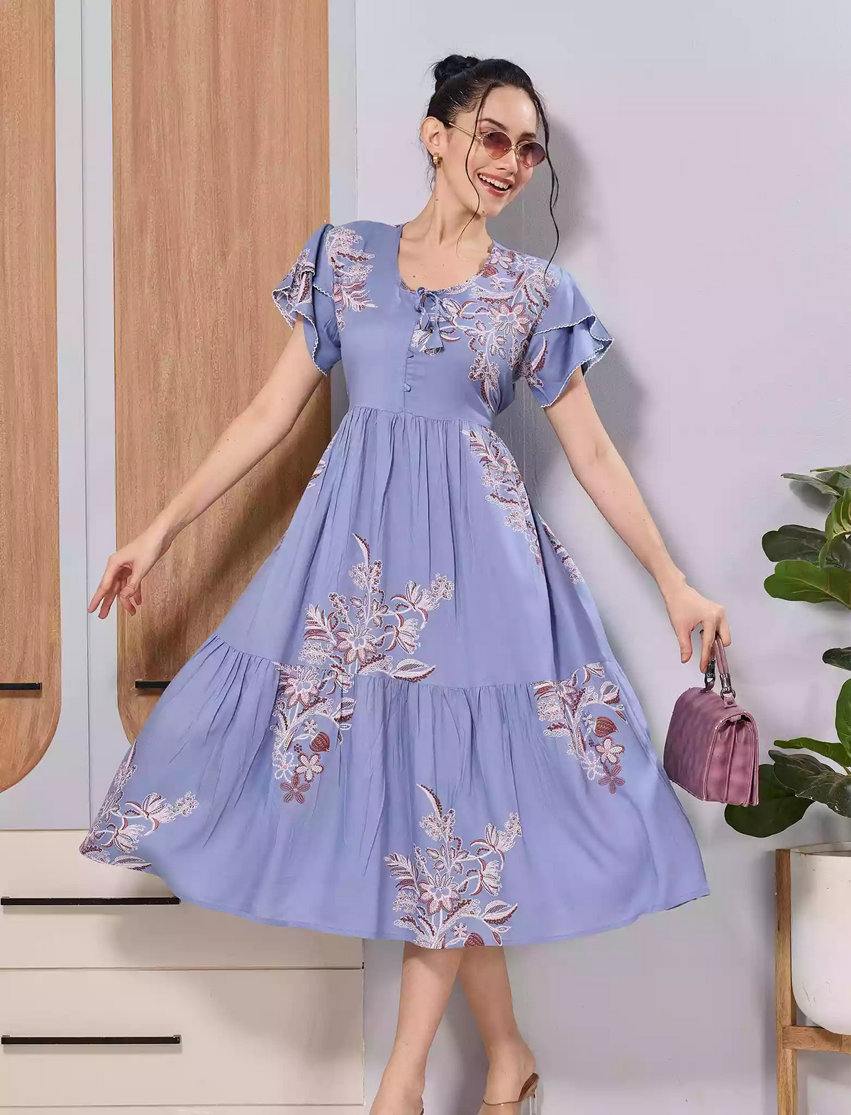 Blue Floral Print Zipless Rayon Flared Maxi with Pocket - Mangai Nighties 