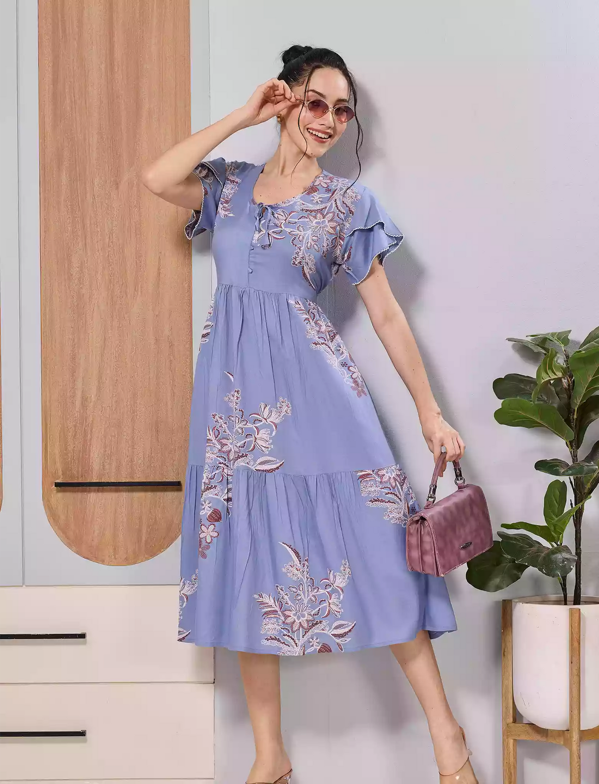 Blue Floral Print Comfortable Rayon Flared Maxi Frock - Mangai Nighties 