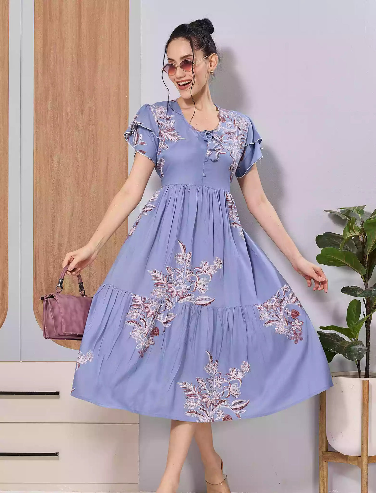 Mangai Nighties Blue Floral Print Rayon Flared Maxi with Petal Sleeve's 