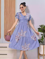 Mangai Nighties Blue Floral Print Rayon Flared Maxi with Petal Sleeve's 