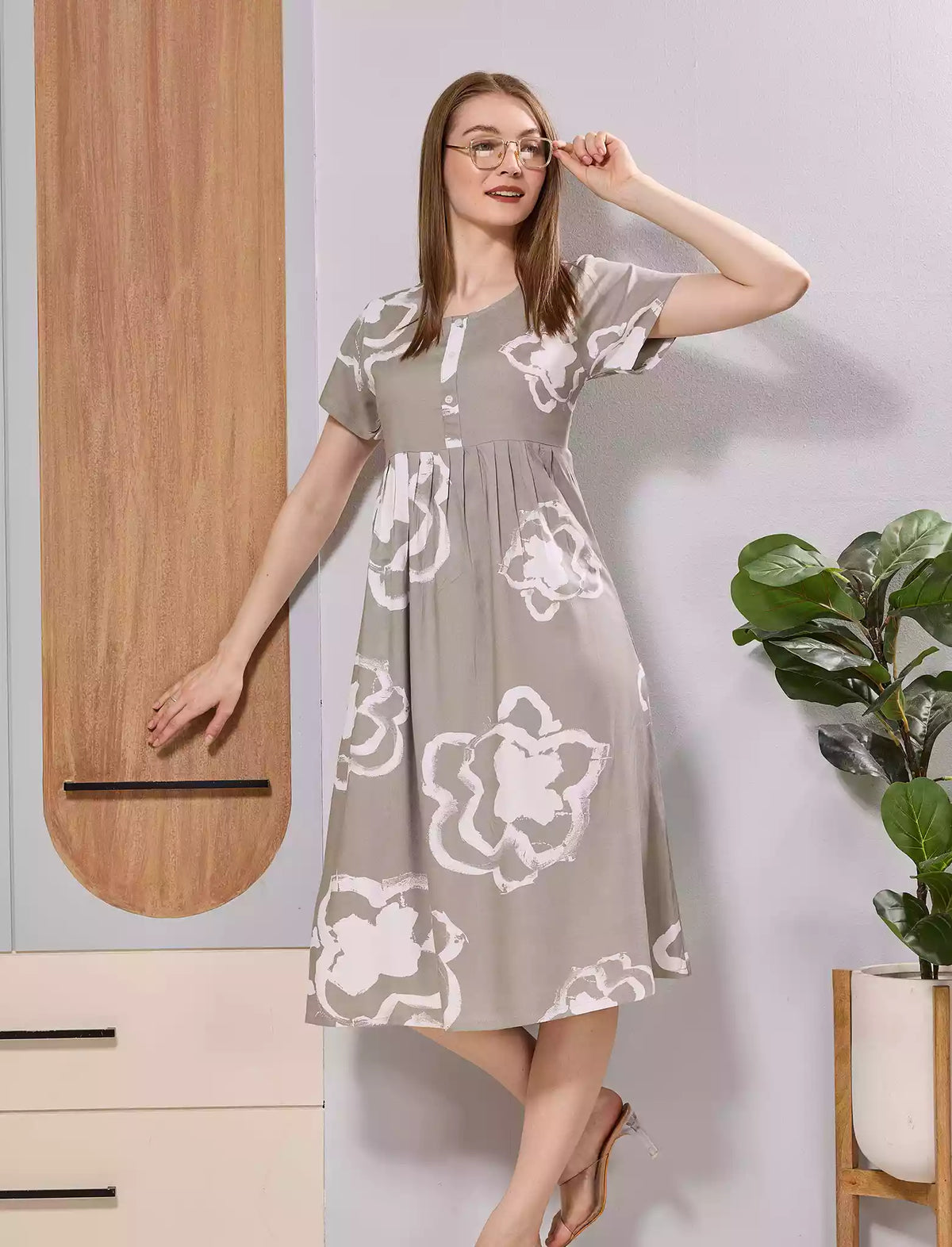 Lavender Floral Print Rayon Maxi Frock with Side Pocket & Flared Fit - Mangai Nighties