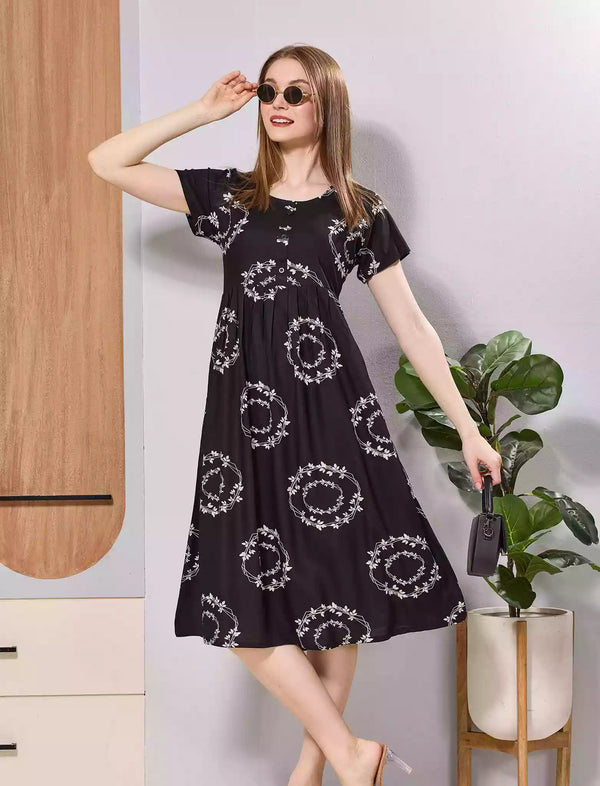 Dark Green Soft Rayon Floral Ring Print Zipless Button-Closed Maxi Frock - Mangai Nighties