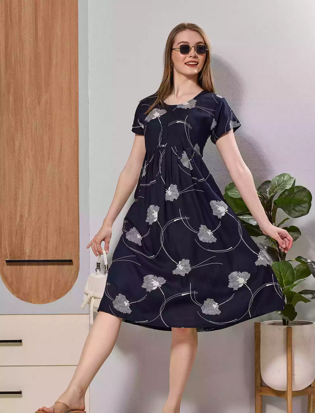Cream Floral Print Soft Rayon Zipless Maxi Frock with Side Pocket - Mangai Nighties