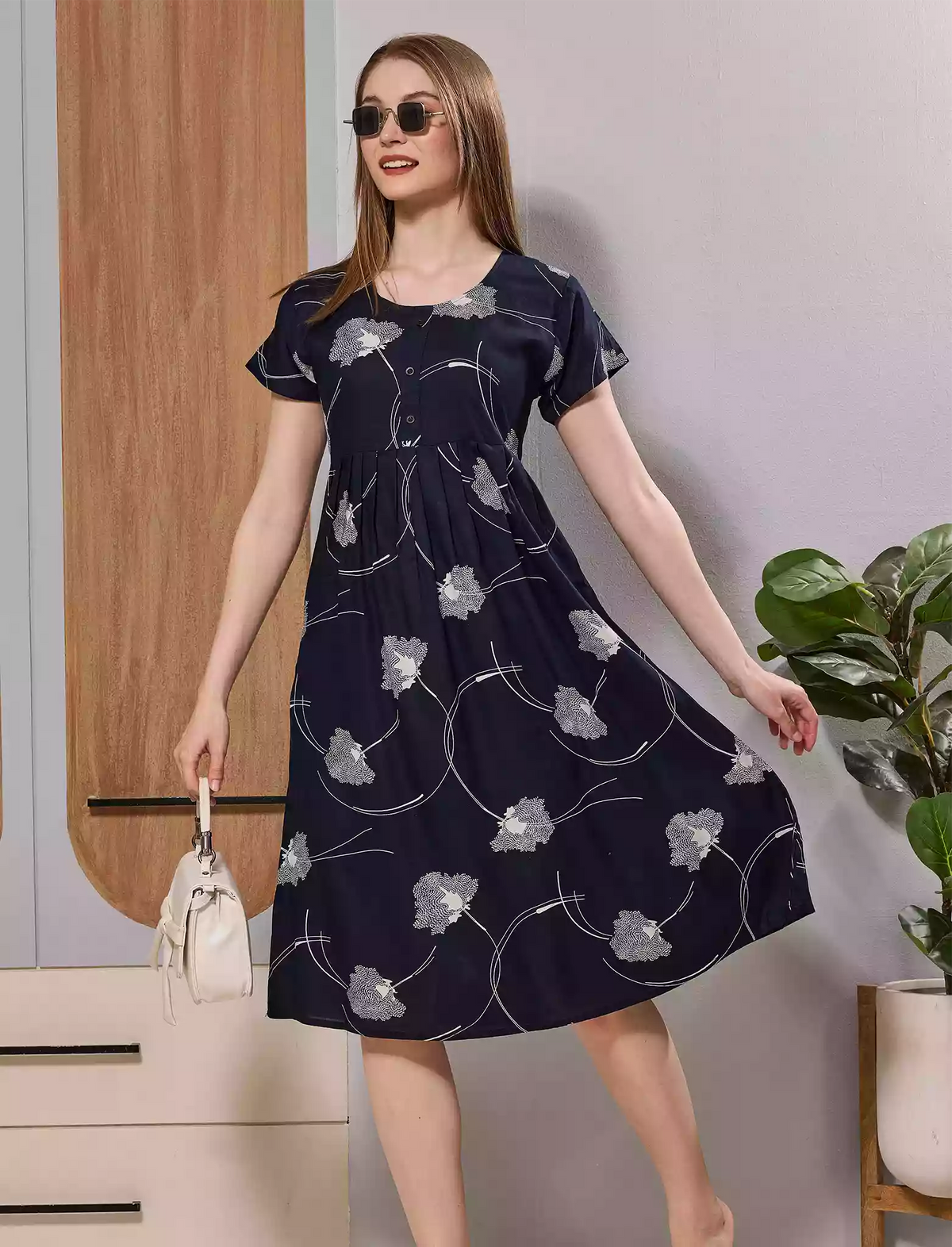 Cream Floral Print Soft Rayon Zipless Maxi Frock with Side Pocket - Mangai Nighties