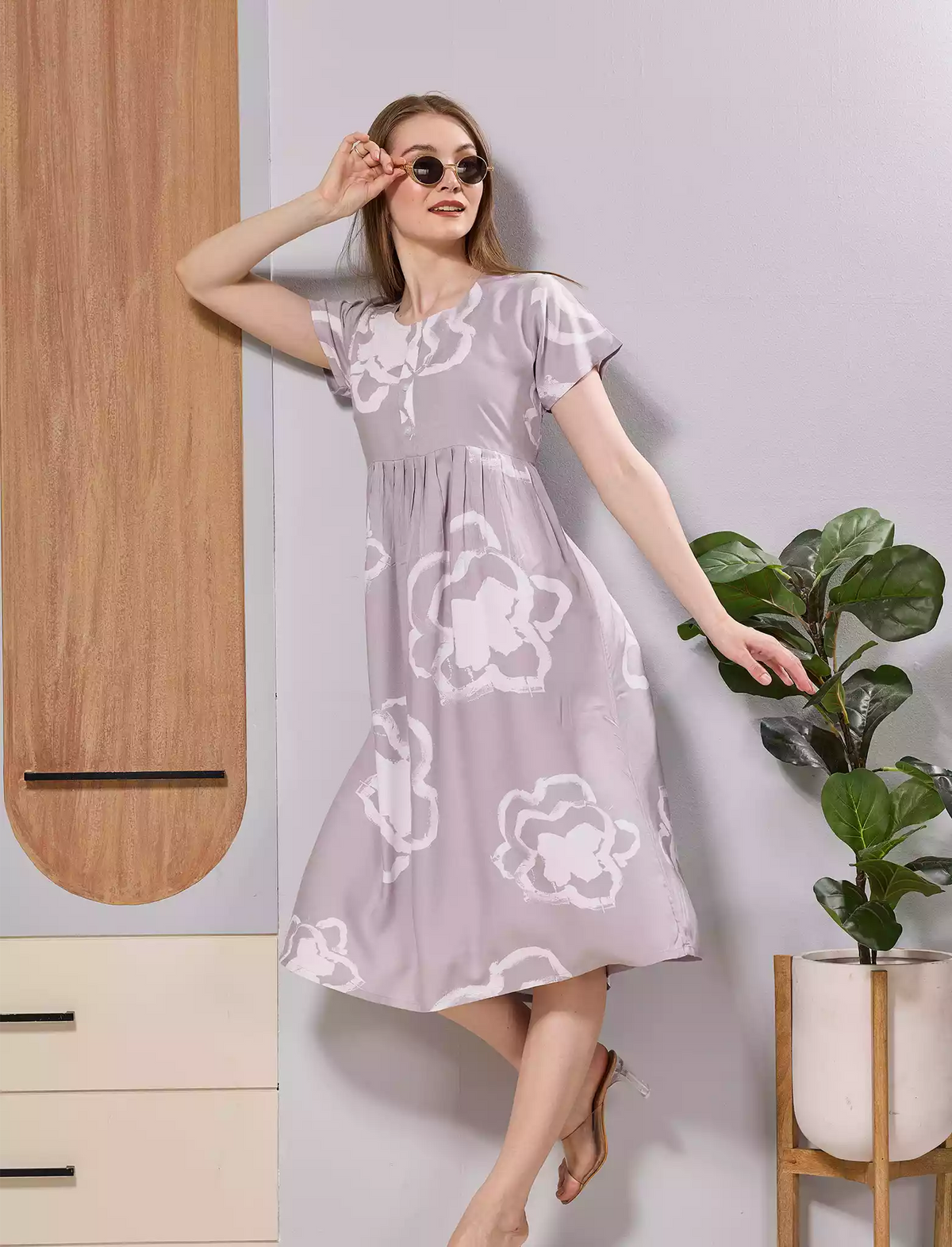 Lavender Floral Print Rayon Maxi Frock with Side Pocket & Flared Fit - Mangai Nighties
