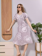 Lavender Floral Print Rayon Maxi Frock with Side Pocket & Flared Fit - Mangai Nighties