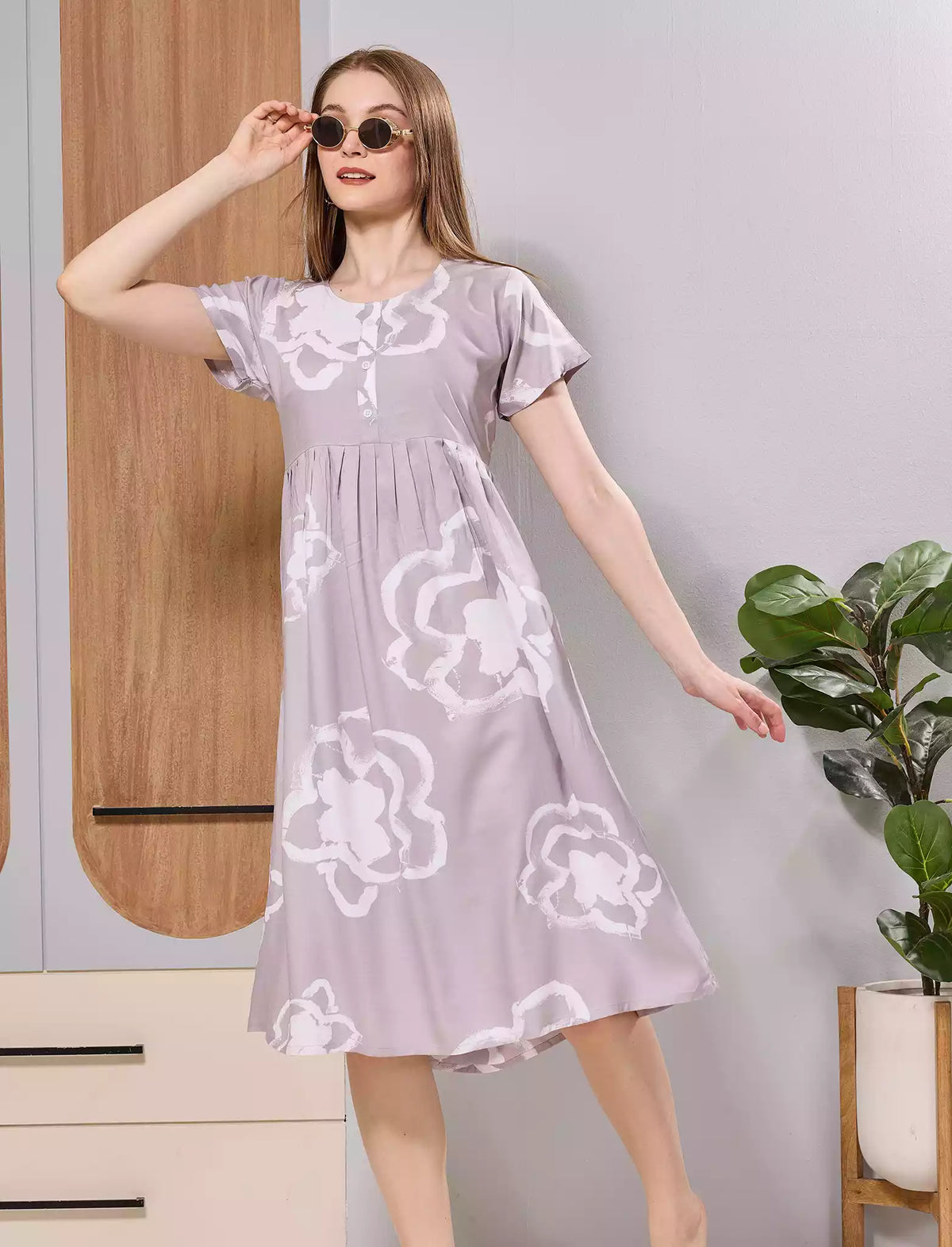 Lavender Floral Print Rayon Maxi Frock with Side Pocket & Flared Fit - Mangai Nighties