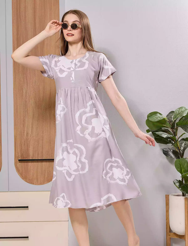 Lavender Floral Soft Rayon Maxi Frock Half Sleeve Side Pocket