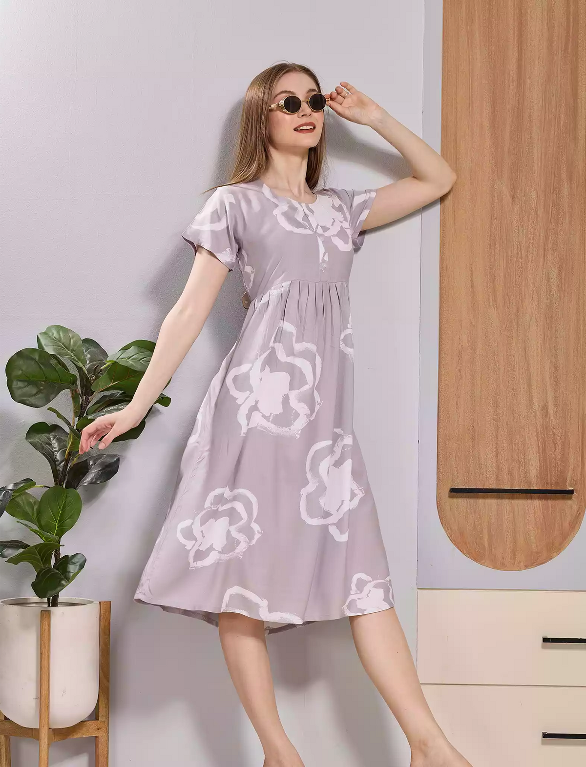 Lavender Floral Print Rayon Maxi Frock with Side Pocket & Flared Fit - Mangai Nighties