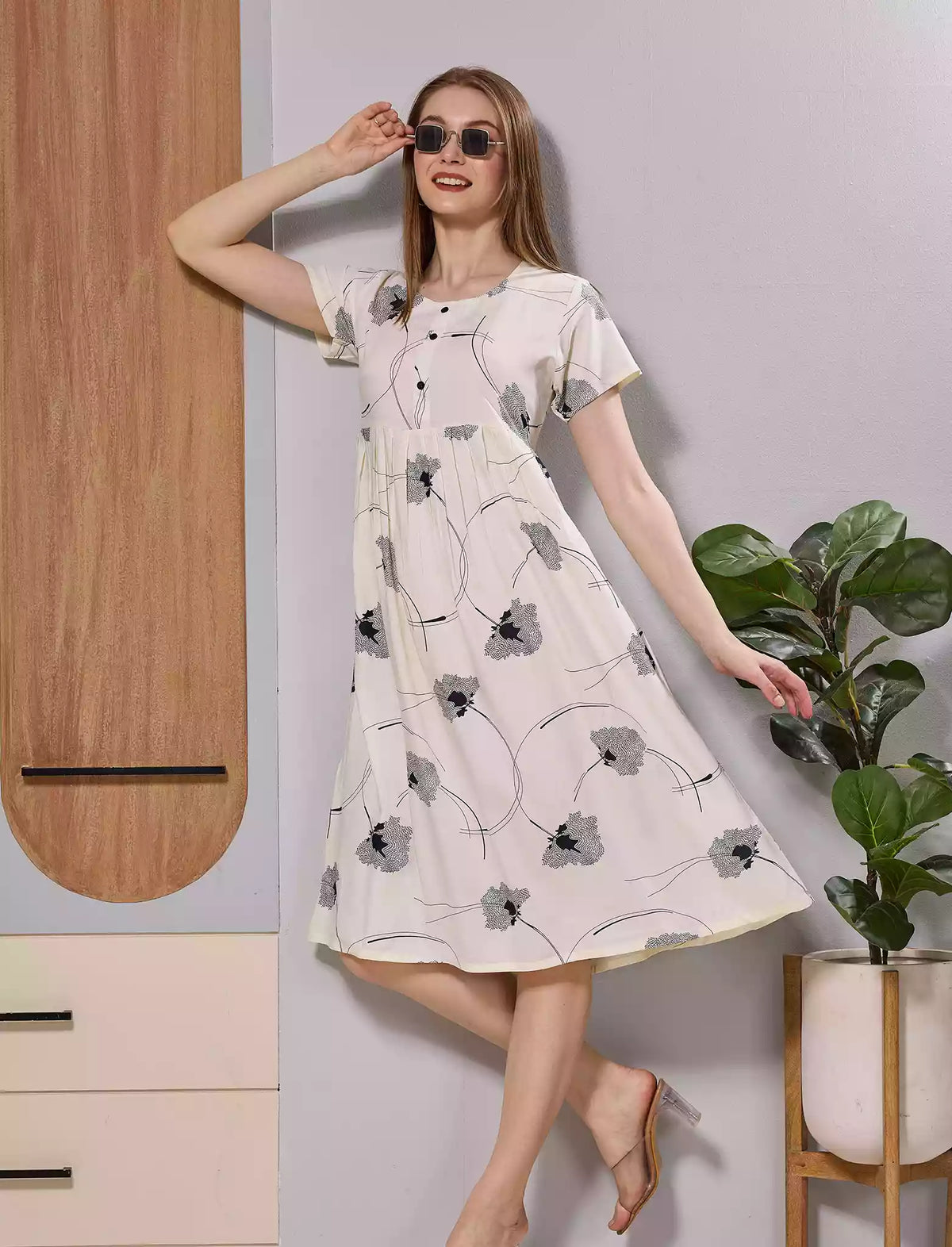 Cream Floral Print Soft Rayon Zipless Maxi Frock with Side Pocket - Mangai Nighties