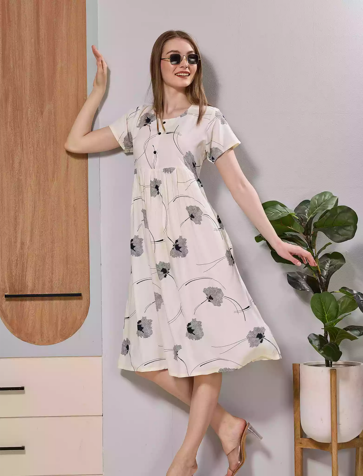 Cream Floral Print Soft Rayon Zipless Maxi Frock with Side Pocket - Mangai Nighties
