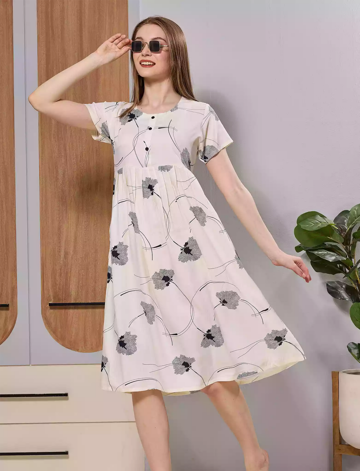 Cream Floral Print Soft Rayon Zipless Maxi Frock with Side Pocket - Mangai Nighties