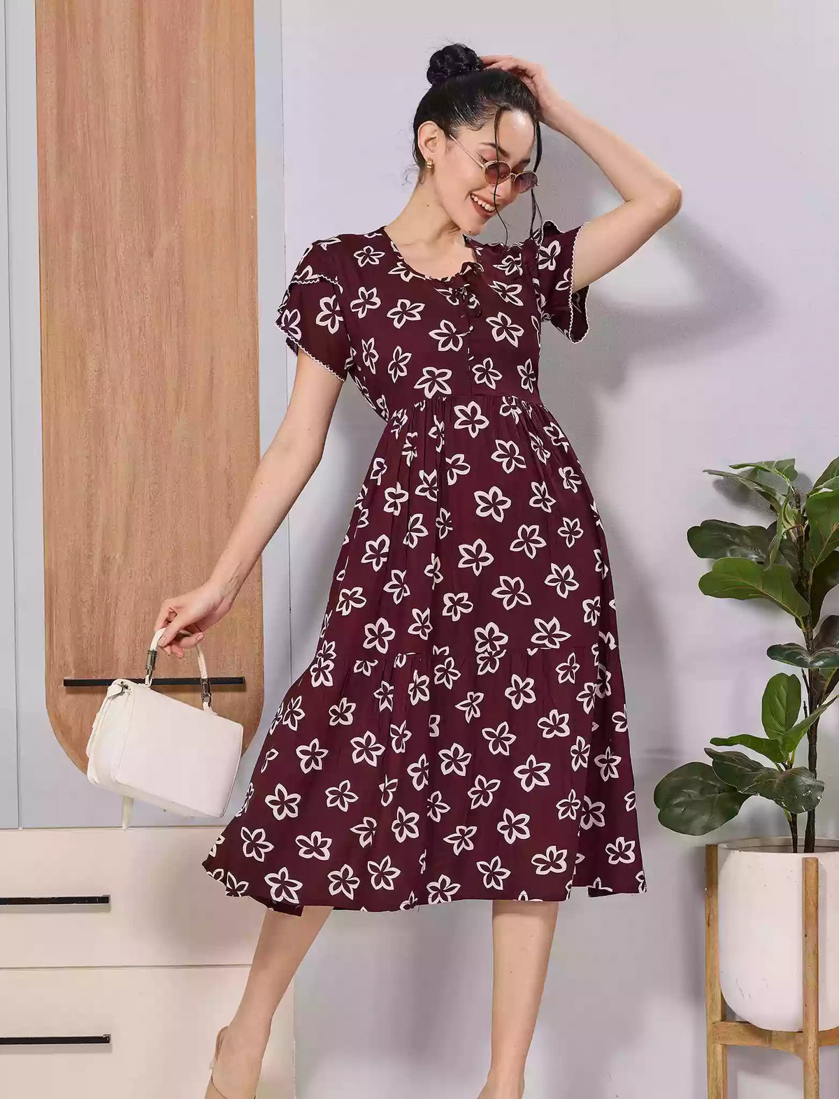 Maroon Floral Rayon Maxi with Adjustable Back Tie and Neck Bow