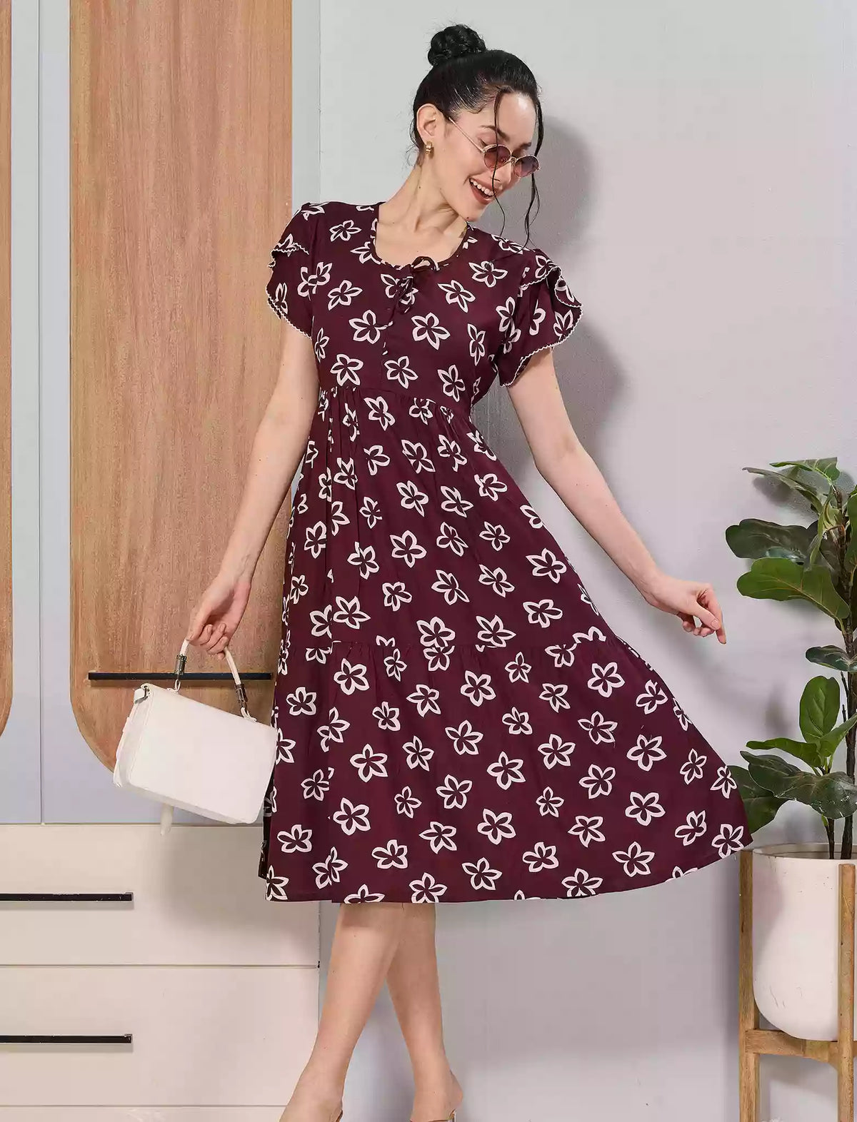 Maroon Floral Print Rayon Flared Zipless Maxi with Back Tie Bow
