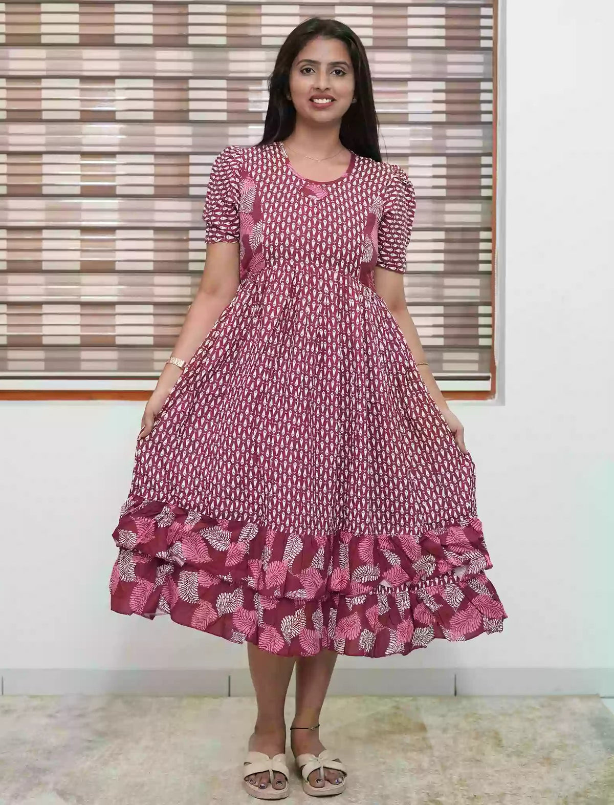 Maroon Leaf Print Rayon Frill Maxi with Back Tie - Mangai Nighties