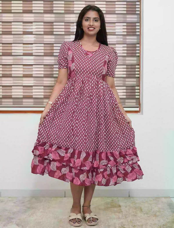 Maroon Leaf Print Rayon Frill Maxi with Back Tie - Mangai Nighties