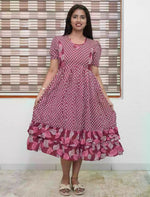Maroon Leaf Print Rayon Frill Maxi with Back Tie - Mangai Nighties