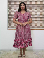 Maroon Leaf Print Rayon Frill Maxi with Back Tie - Mangai Nighties