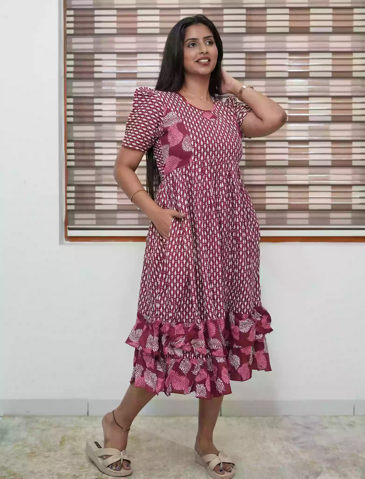 Maroon Leaf Print Rayon Frill Maxi with Back Tie - Mangai Nighties