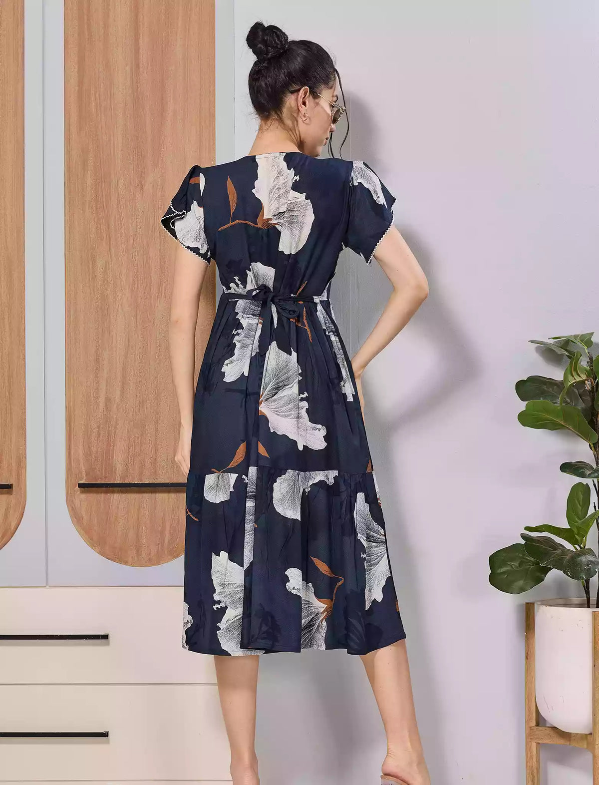 Navy Leaf Print Rayon Long Maxi with Adjustable Tie Rope - Mangai Nighties 