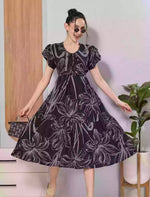 Navy Floral Print Petal Sleeve Rayon Zipless Flared Maxi Dress