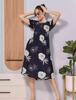 Navy Floral Print Zipless Soft Rayon Maxi Frock with Side Pocket - Mangai Nighties