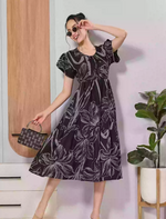 Navy Floral Print Rayon Maxi with Fancy Neck Bow Back Tie - Mangai Nighties 