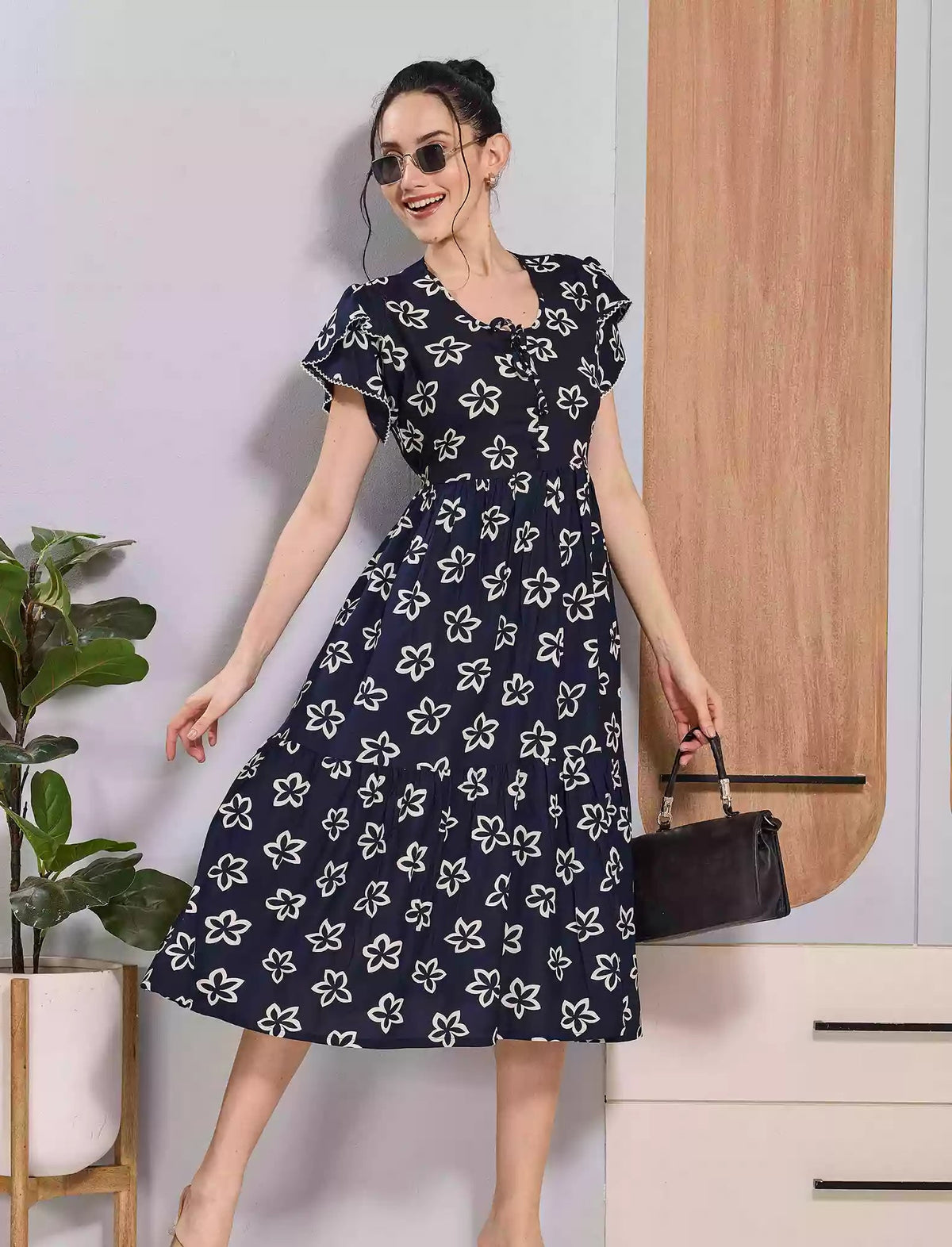 Navy Floral Rayon Zipless Maxi Dress with Fancy Neck Bow - Mangai Nighties 