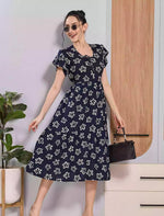 Navy Floral Rayon Zipless Maxi Dress with Fancy Neck Bow - Mangai Nighties 